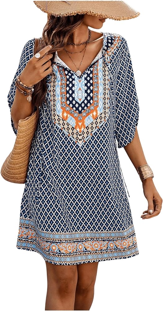 SOLY HUX Women's Boho Tunic Dress Tie V Neck Half Sleeve Summer Short Dresses