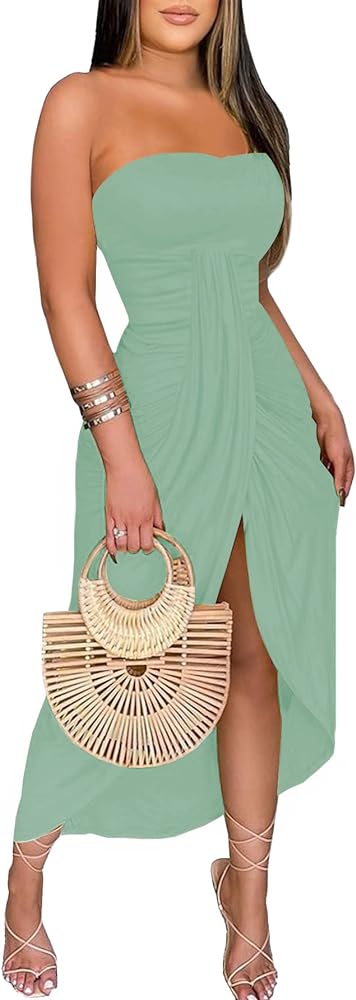 Umenlele Women's Strapless Ruched High Waist Wrap split Asymmetrical Beach Maxi Long Dress