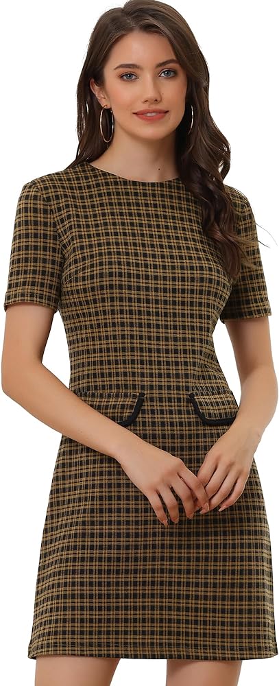 Allegra K Work Dresses for Women's Short Sleeve Vintage Houndstooth Pencil Sheath Dress