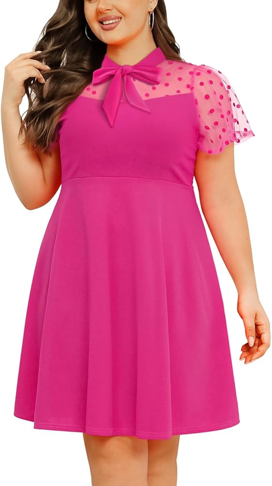 Pinup Fashion Women's Plus Size Contrast Mesh Short Sleeve Bow Tie Neck Cocktail Party Elegant A-Line Dress