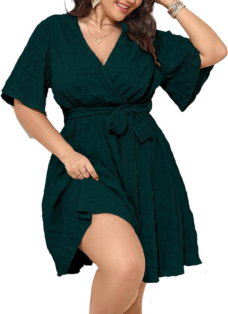 Plus Size Dress for Women Short Sleeve Wrap V Neck Textured Cocktail Wedding Guest Dresses