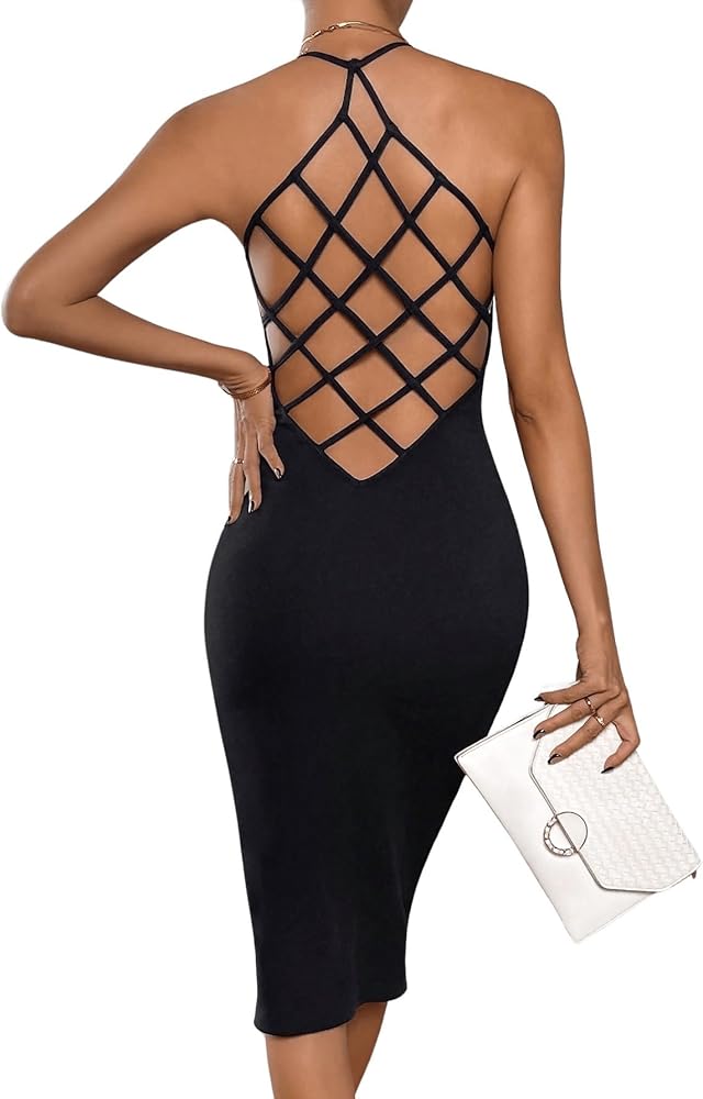 Floerns Women's Halter Criss Cross Backless Party Clubwear Bodycon Midi Cami Dress