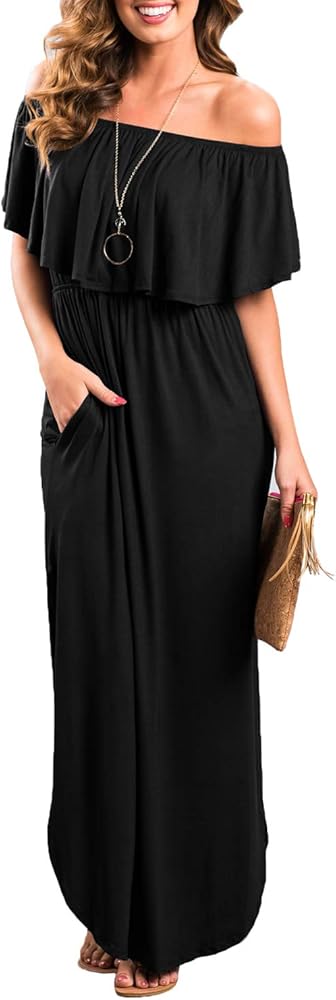 Sarin Mathews Womens Off The Shoulder Ruffle Party Dress Casual Side Split Beach Long Maxi Dresses with Pockets