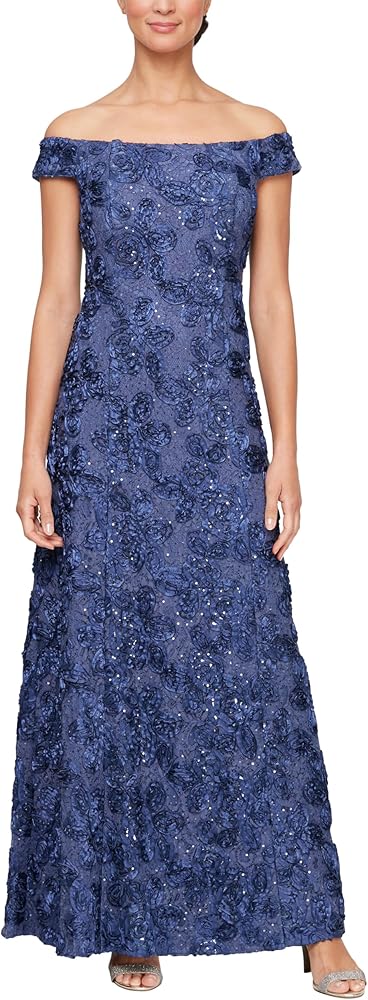 Alex Evenings Women's Long Rosette Off The Shoulder A-line Dress