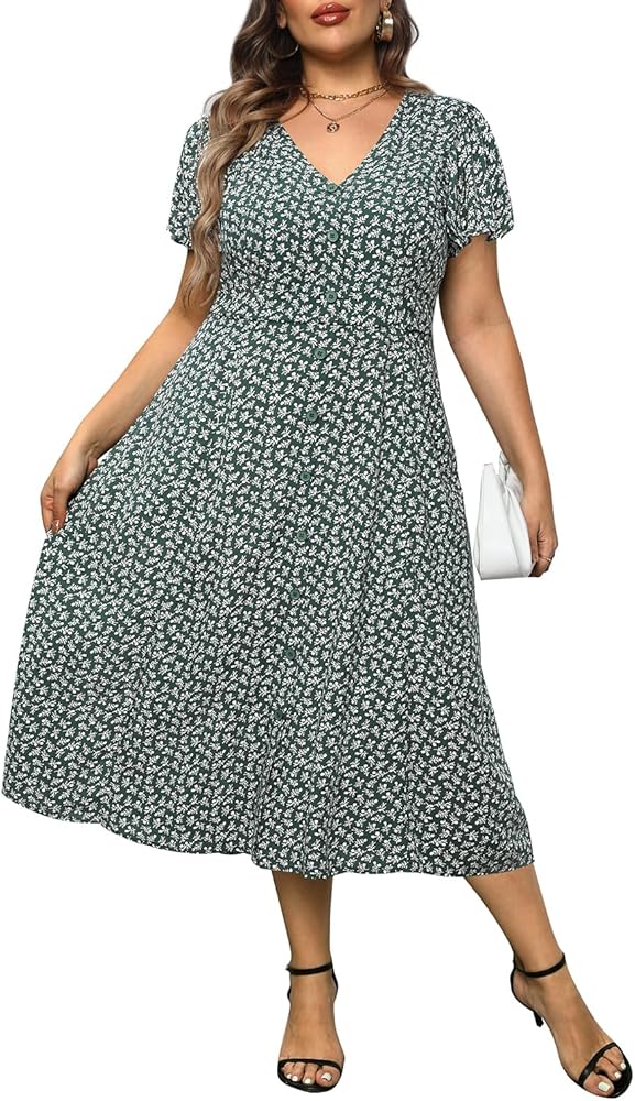 Women's Plus Size Button Front Floral Print Short Ruffle Sleeves Pockets Summer Midi Flowy Sundress