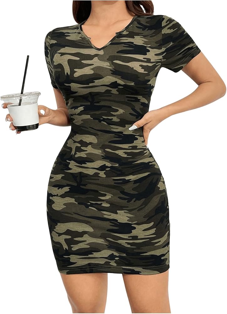 Women's V Neck Slim Fit Camouflage Dress Short Sleeve Bodycon Pencil Dress Casual T Shirt Dress