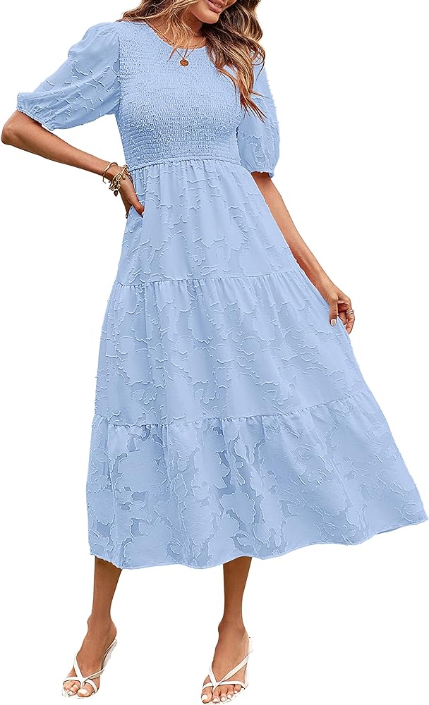 MEROKEETY Women's 2024 Summer Puff Sleeve Smocked Floral Dress Crewneck Lace Flowy Tiered Midi Dresses