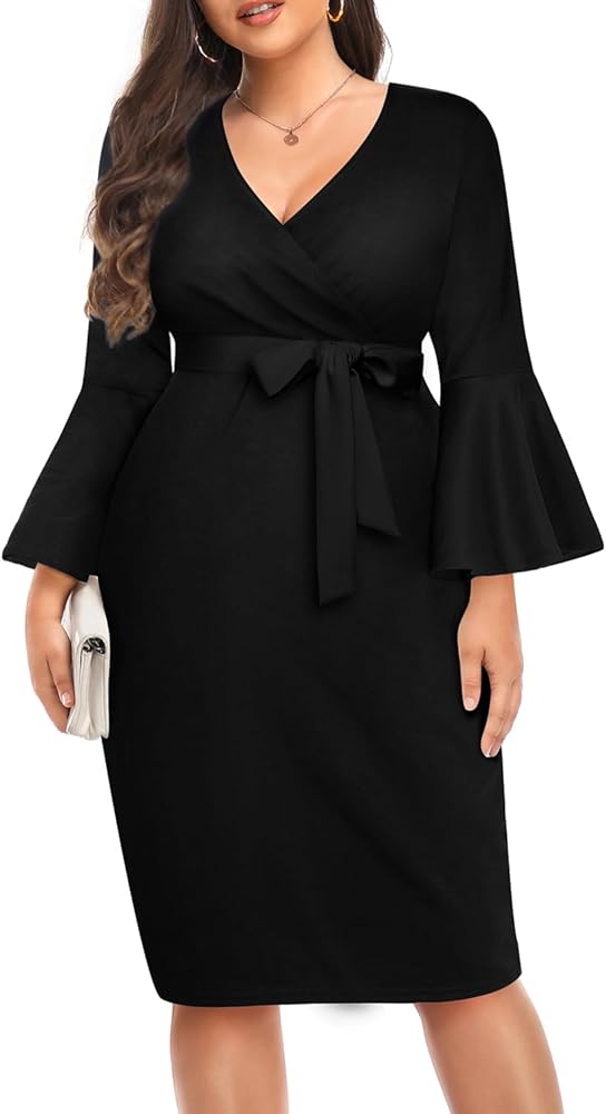 Pinup Fashion Plus Size Church Dresses Women-Work Business Bell Sleeve Wrap Bodycon Pencil Midi Dress