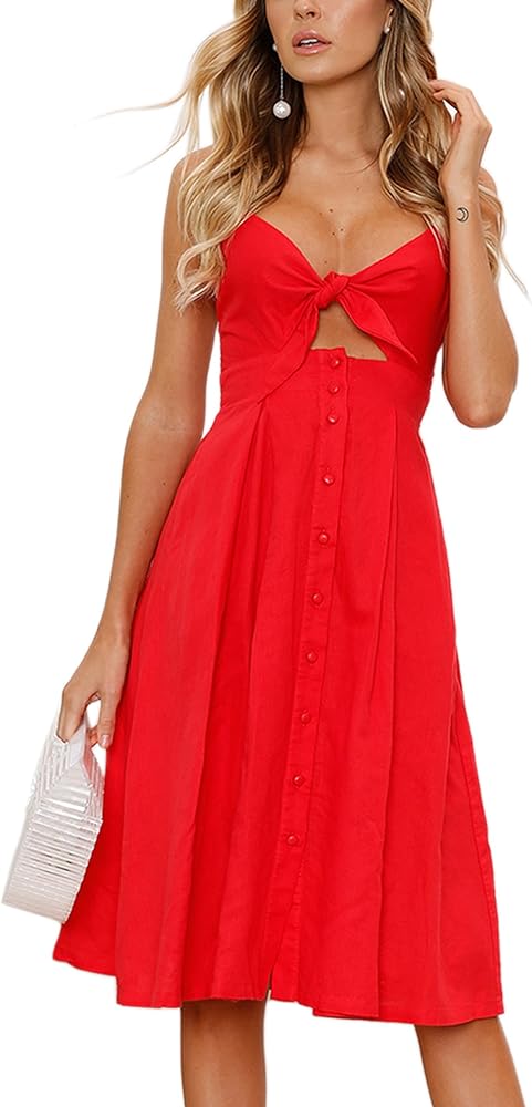 ECOWISH Women Dresses Summer Tie Front V-Neck Spaghetti Strap Button Down A-Line Backless Swing Midi Dress