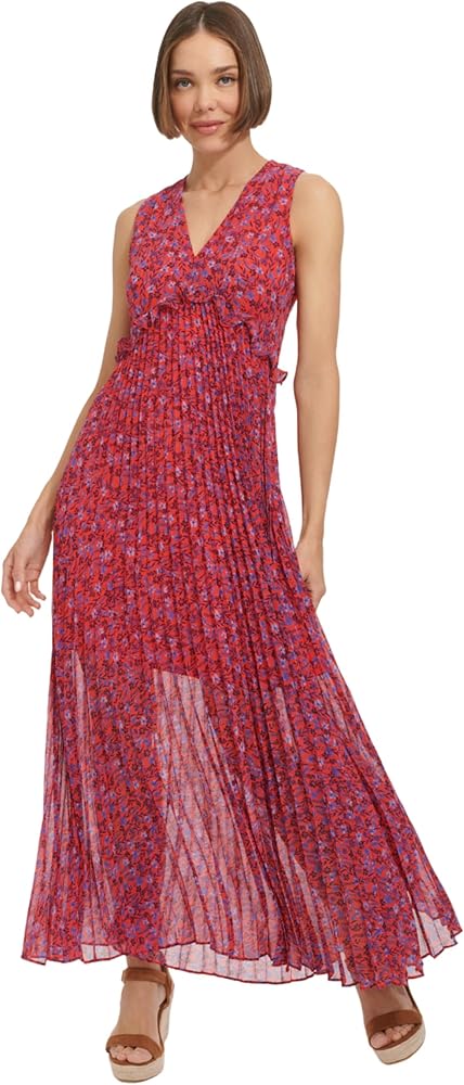 Tommy Hilfiger Women's Sleeveless V-Neck Chiffon Pleated Maxi Dress