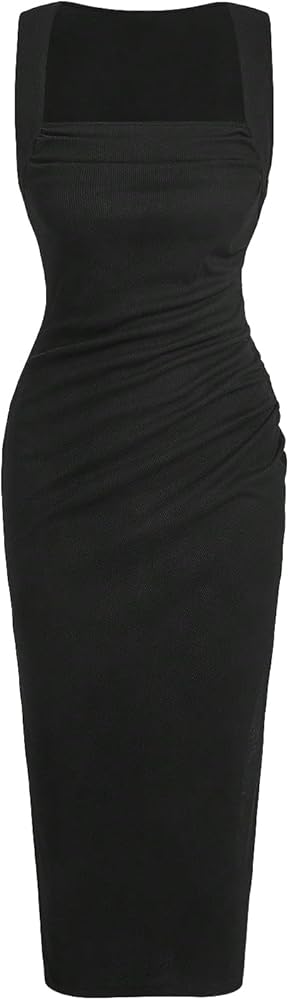 Verdusa Women's Ruched Square Neck Sleeveless Split Side Bodycon Pencil Dress