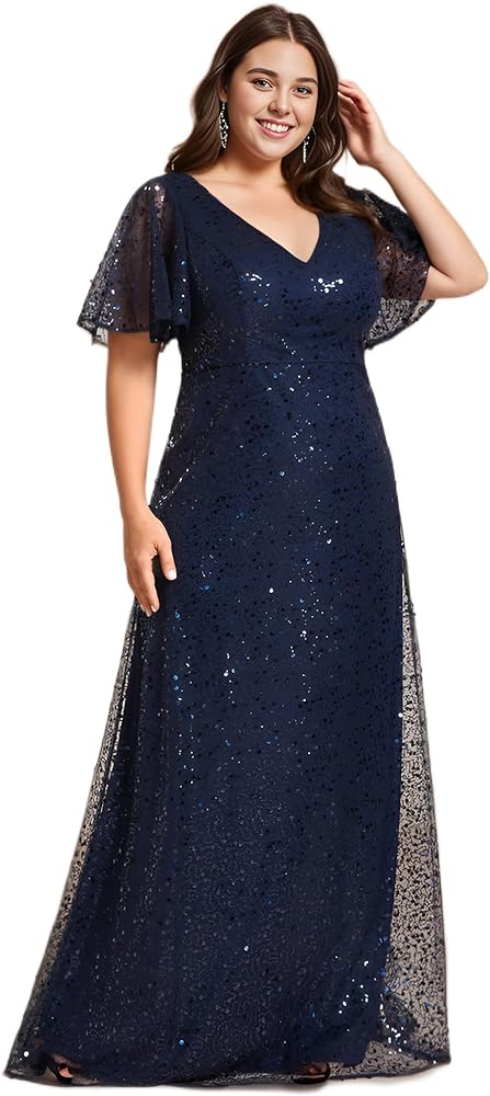 Ever-Pretty Women's V Neck Short Sleeves Plus Size Sequin A Line Maxi Evening Dresses