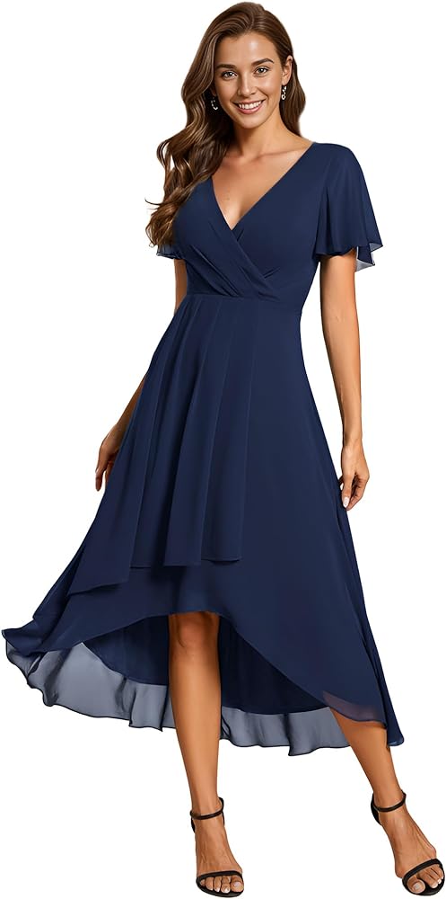 Ever-Pretty Women's Chiffon Formal Dresses V Neck Ruffle Sleeves Pleated High Low Summer Wedding Guest Dress