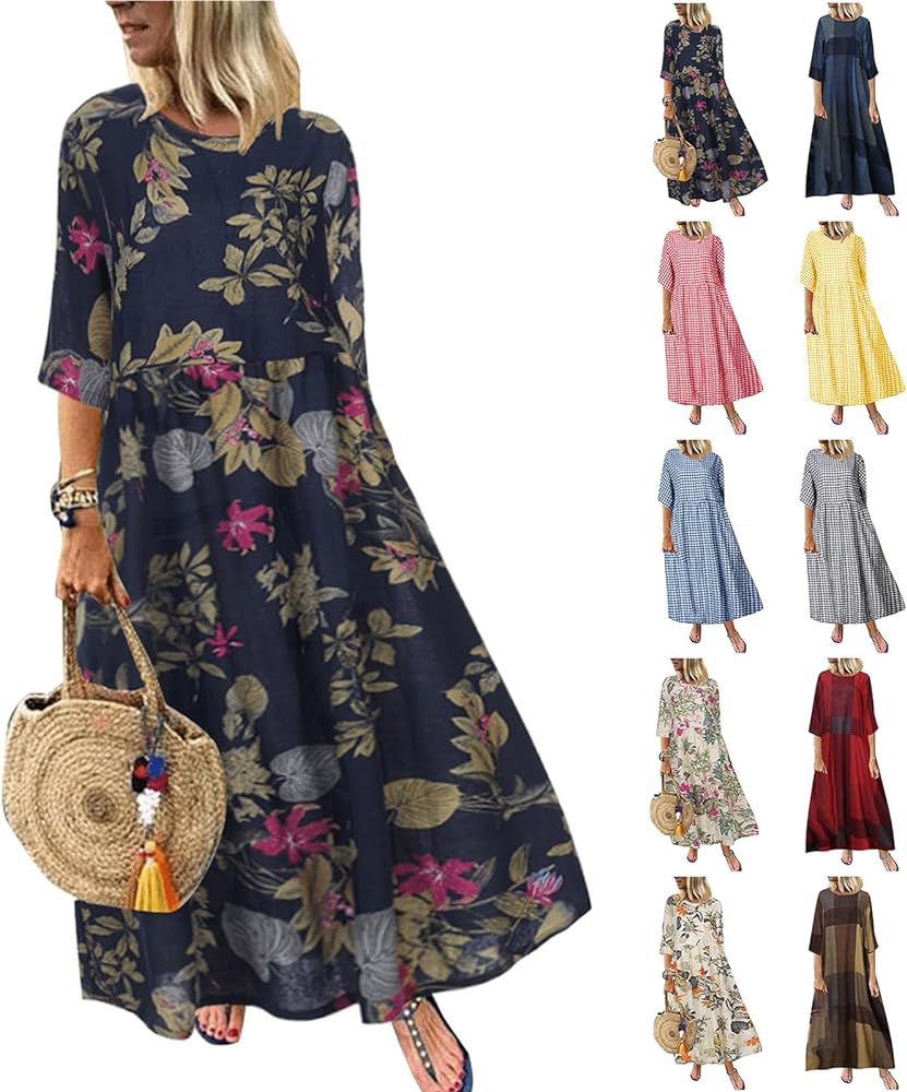 Spring Dresses for Women 2024 Casual 3/4 Sleeve Plus Size Maxi Dress A Line Shirt Flowy Swing Beach Vacation Long Sundress