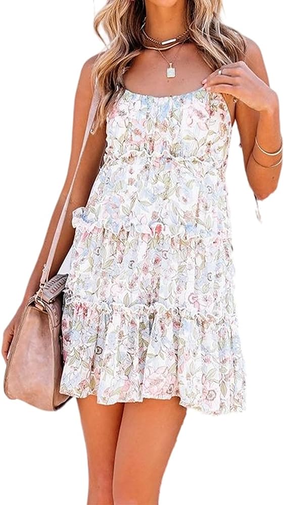 AELSON Sundresses for Women 2024 Floral Summer Dress Boho Flowy Cute Dresses Spaghetti Strap Sleeveless Ruffle Mini Dress