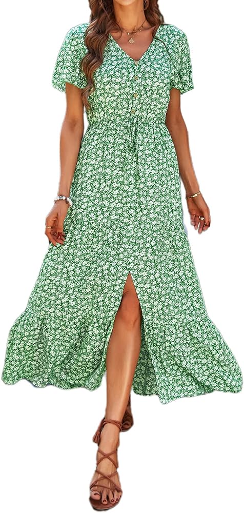 PRETTYGARDEN Women's Floral Summer Dresses 2024 V Neck Short Sleeve Flowy Sun Dress Split Tiered A-Line Bohemian Maxi Dress