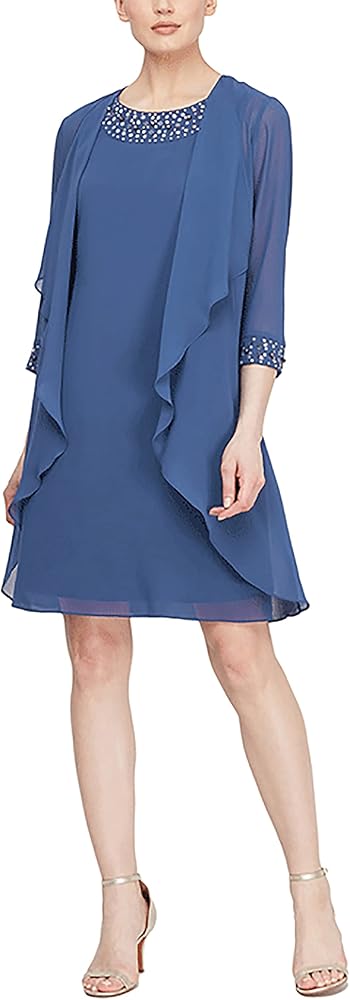 S.L. Fashions Women's Chiffon Tier Jacket Dress with Beaded Neck and Cuffs