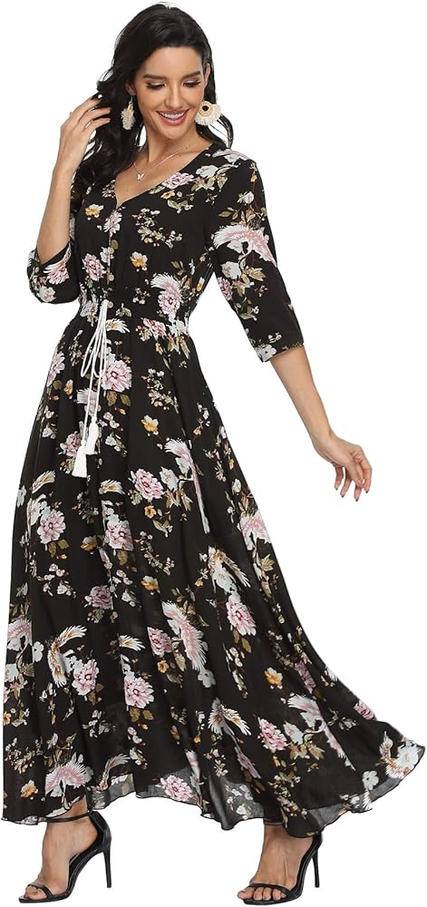 VintageClothing Women's Floral Maxi Dresses with Sleeves Flowy Boho Beach Dress