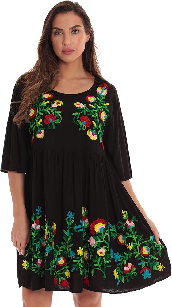 Riviera Sun Rayon Crepe Short Dress with Multicolored Embroidery