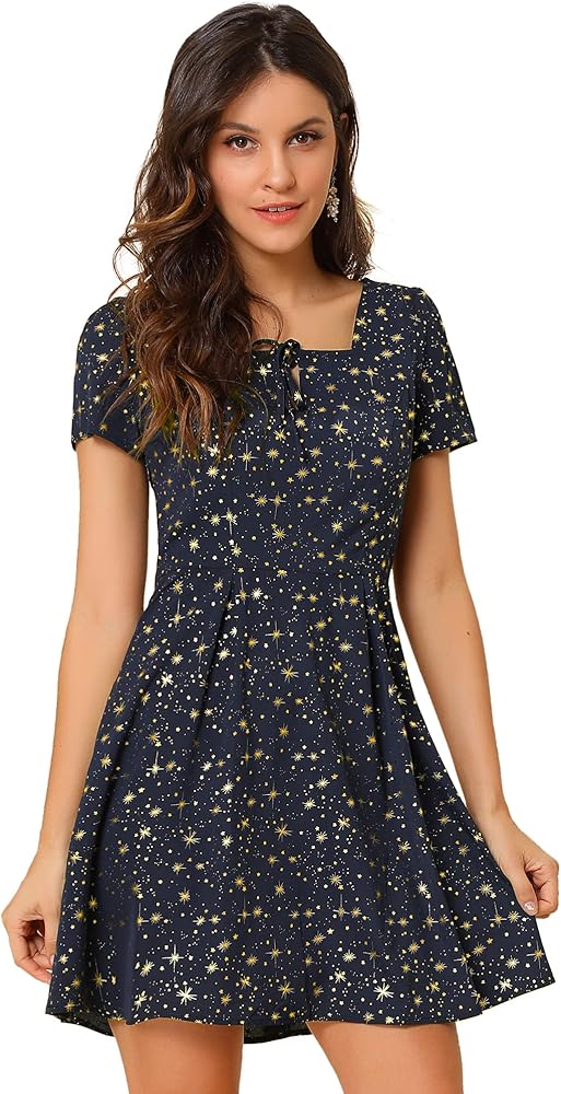 Allegra K Women's Printed Casual Square Neck Short Sleeve Fit and Flare Dress