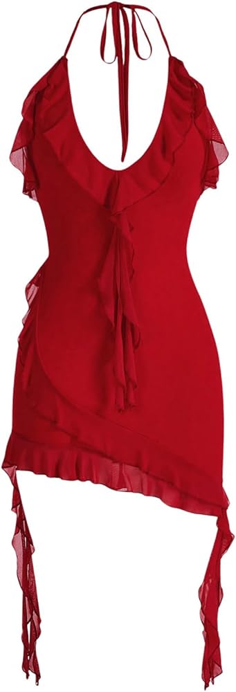 SOLY HUX Women's Ruffle Trim Mesh Halter Bodycon Cami Dress Tie Backless Mini Dresses