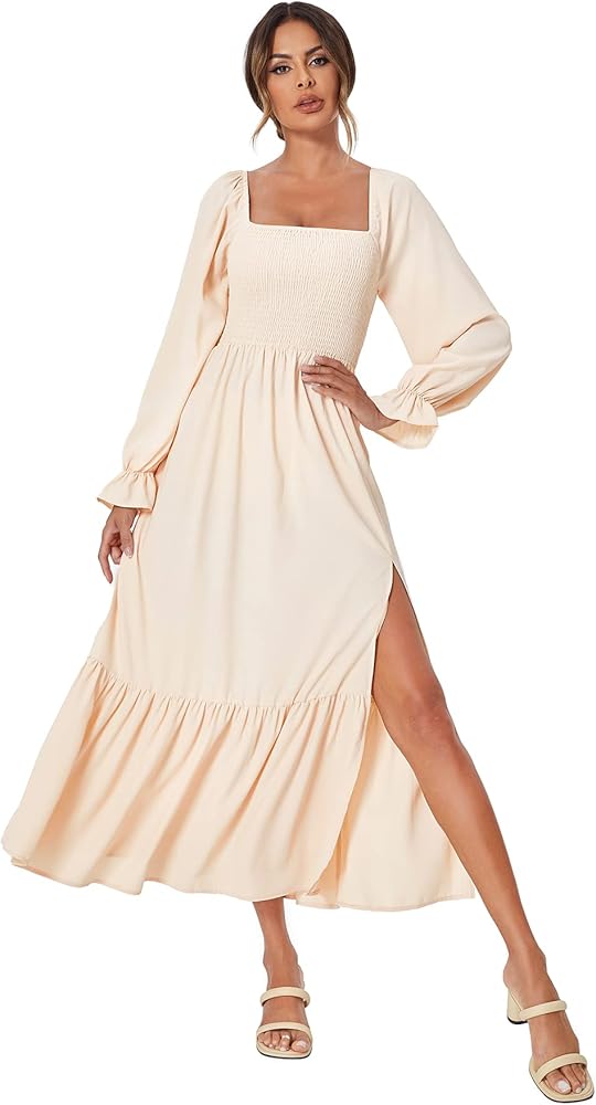 WDIRARA Women's Square Neck Flounce Shirred Ruffle Hem Elegant Long Sleeve Maxi Dress