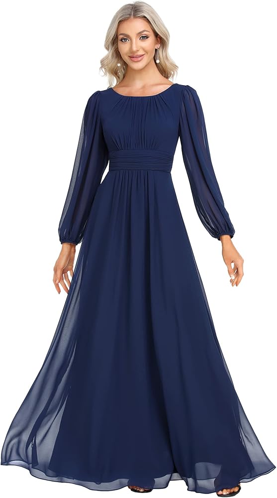 Ever-Pretty Women's Crewneck Lantern Sleeves A-Line Pleated Chiffon Maxi Formal Dress 0106B