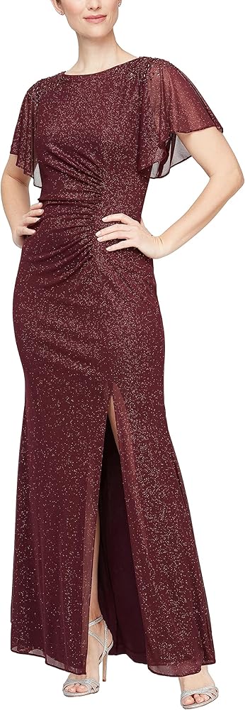 S.L. Fashions Women's Glitter Mesh Stretch Dress W/Shoulder Embellishment Formal Long Gown, (Petite and Regular Sizes)