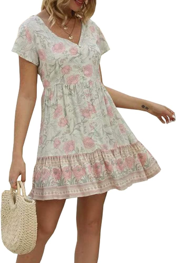 R.Vivimos Women's Short Sleeve Floral Print V Neck Cotton Tunic Dress