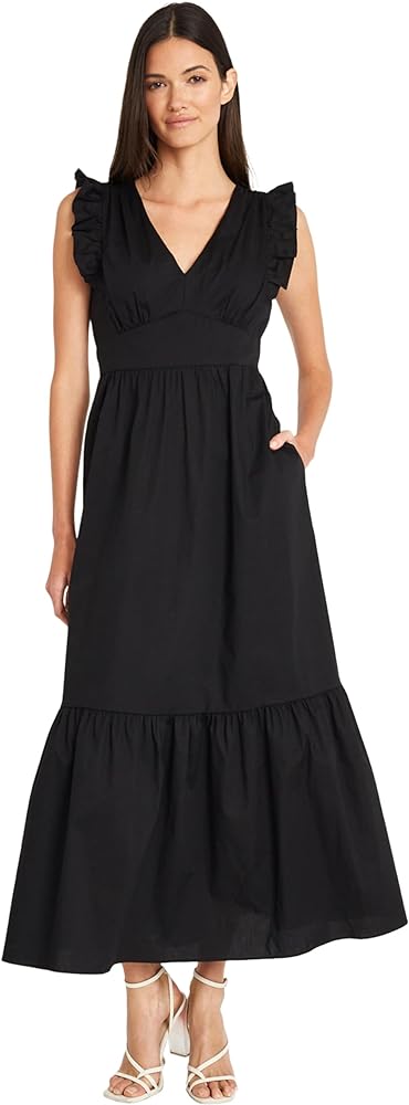 Maggy London Women's V-Neck Ruffle Details Cotton Poplin Maxi Dress