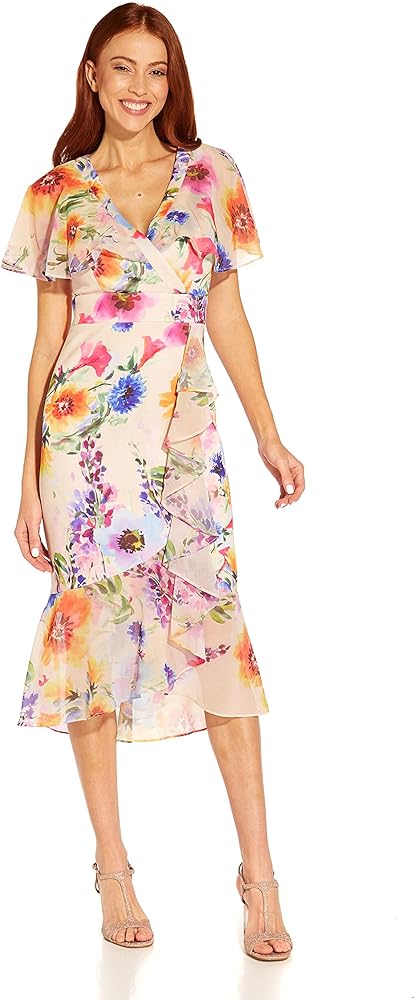 Adrianna Papell Women's Floral Faux Wrap Ruffle Dress