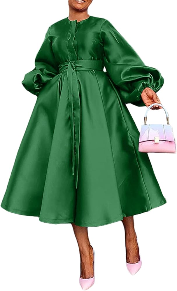 SHINFY Women Satin Dress Casual Fashion Long Sleeve Belted Button A Line Long Dresses Flowy Maxi Dress