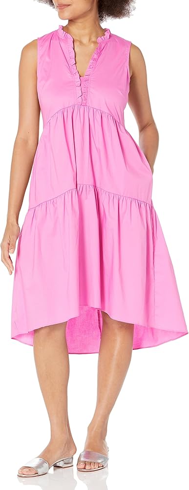 London Times Women's Sleeveless Ruffle V-Neck Cotton Poplin Tiered Hi-Low Trapeze Dress