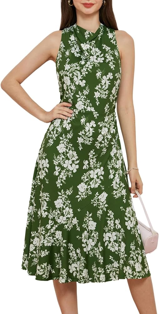 GRACE KARIN Women's Summer Sleeveless Mock Neck Dress Floral Midi Dress Elegant Wedding Guest Dress 2024 Backless Dress