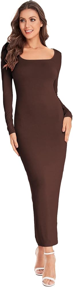 Verdusa Women's Long Sleeve Square Neck Bodycon Maxi Long Dress