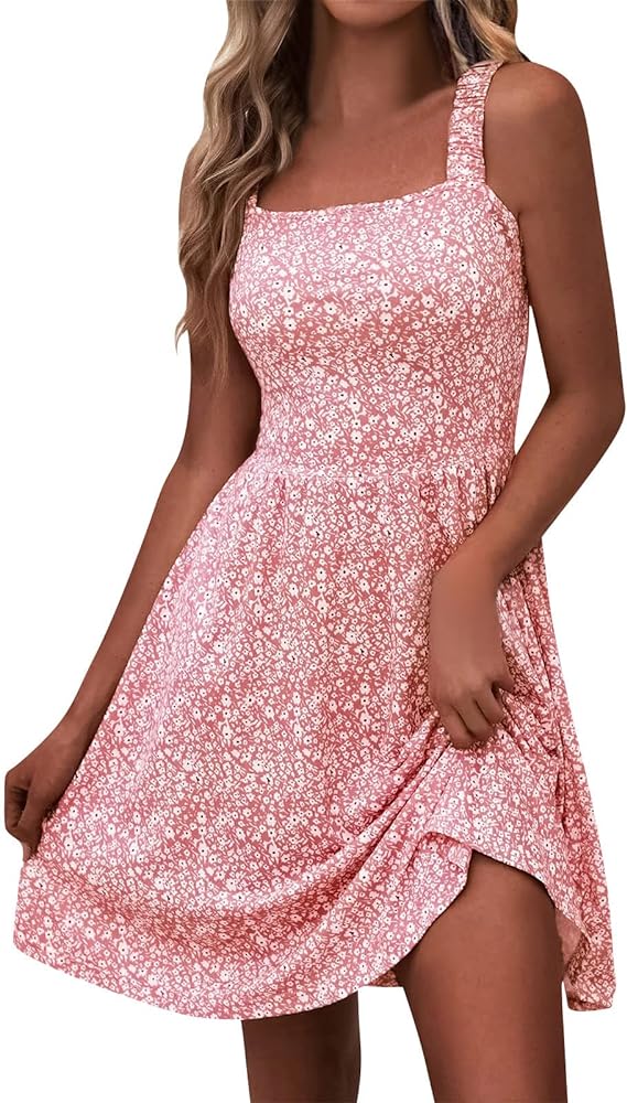 Summer Dresses for Women 2024 Casual Sleeveless High Waist A-line Sundress Floral Square Neck Midi Dress with Pocket