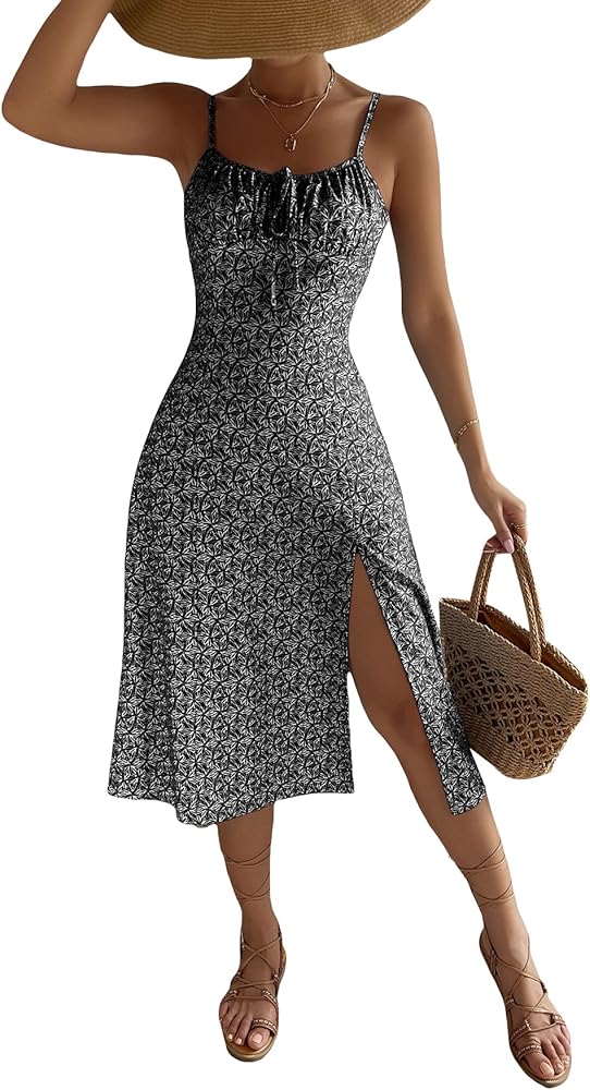 Floerns Women's Floral Print Sleeveless Ruched Bust Split Thigh Boho Midi Dress