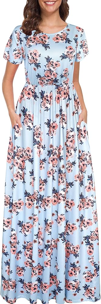 Afibi Women Short Sleeve Loose Floral Printed Casual Maxi Dress with Pockets