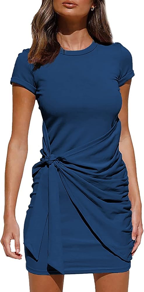 BTFBM Women 2024 Spring Casual Short Sleeve Ruched Bodycon Tank T Shirt Dress Tie Waist Sun Beach Summer Mini Dresses