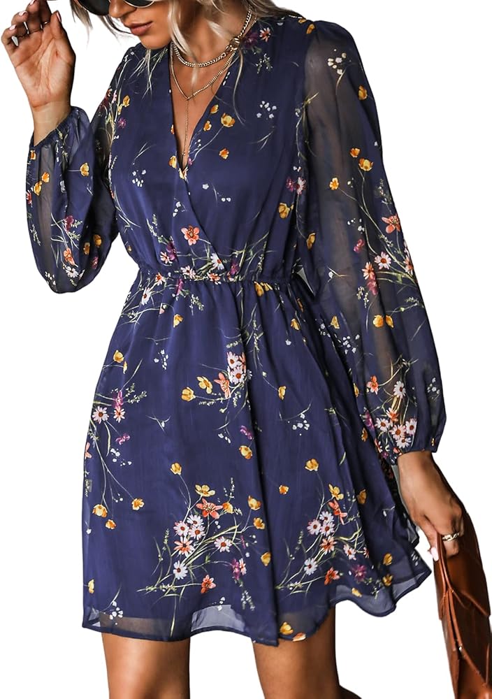 CUPSHE Women's Floral Print Chiffon A-Line Mini Dress Long Peasant Sleeves