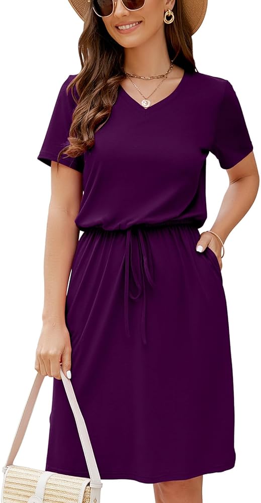 HUSKARY Women Summer Casual Midi Dresses Short Sleeve V Neck Drawstring Knee Length T Shirt Dress with Split and Pocket