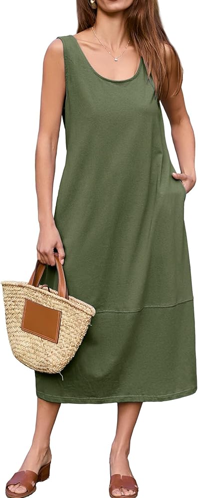 BerryGo Women's Loose Casual Midi Cotton Dresses Sundress Sleeveless Beach Summer Trendy Tank Top Dress with Pockets