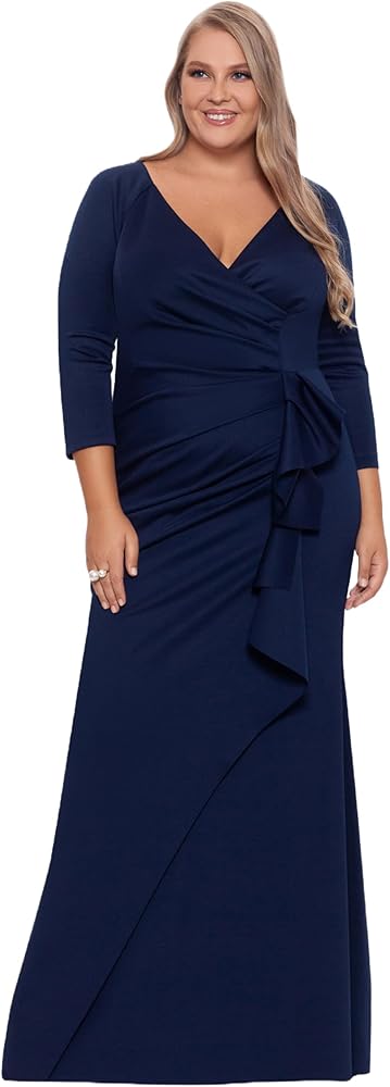 Xscape Women's Plus Size Long 3/4 Sleeve V-Neck Side Ruched Dress