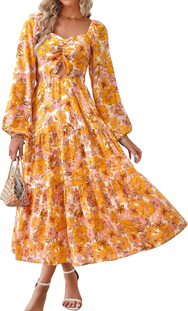 BTFBM Women Fall Dresses 2023 Casual Square Neck Puff Long Sleeve Smocked Cut Out Boho Floral Flowy Long Maxi Dress