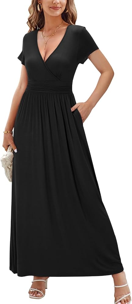 OUGES Women's Long/Short Sleeve V-Neck Wrap Waist Maxi Dress