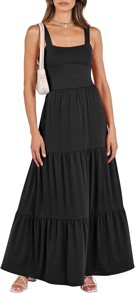 ANRABESS Women's Summer Casual Long Maxi Beach Vacation Dresses Sleeveless Square Neck Flowy Tiered Sun Dress with Pockets