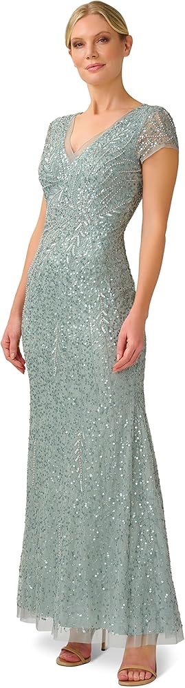 Adrianna Papell Women's Beaded Mermaid Gown, Frosted Sage