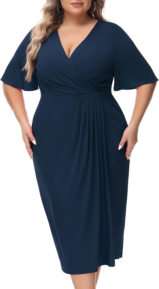 Hanna Nikole Women's Plus Size Wrap V-Neck Bell Short Sleeve Midi Dress for Wedding Guest Cocktail Party Business Events