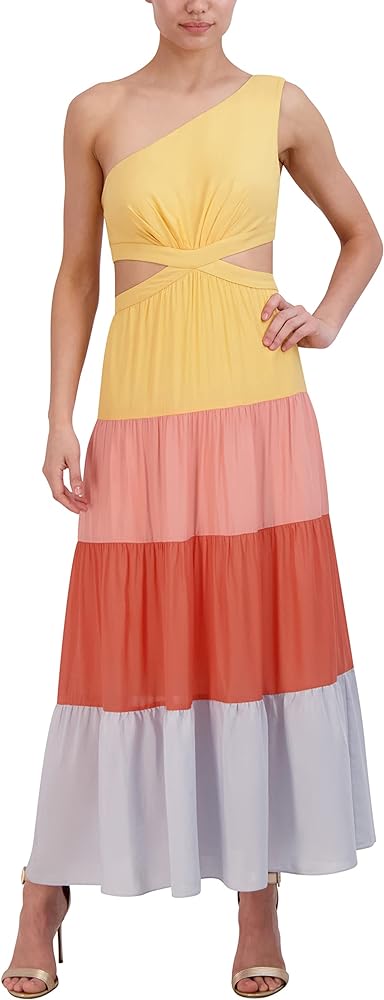 BCBGMAXAZRIA Women's One Shoulder Color Block Maxi Cocktail Dress