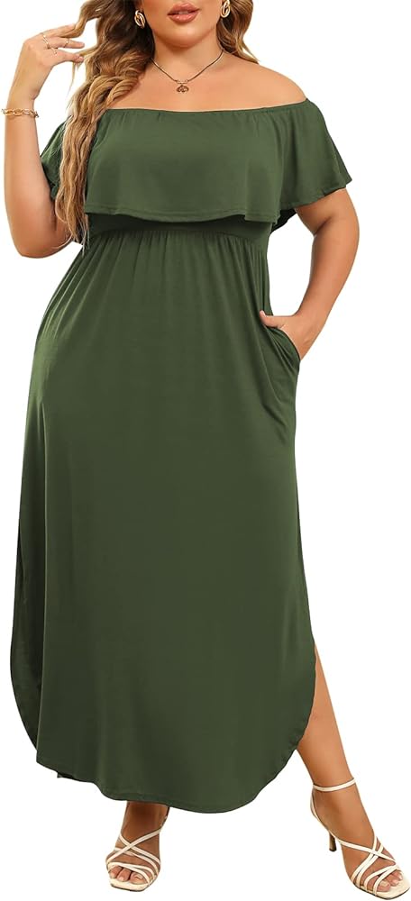 Nemidor Women's Upper Flounce Layer Off Shoulder Plus Size Slit Maxi Dress NEM200